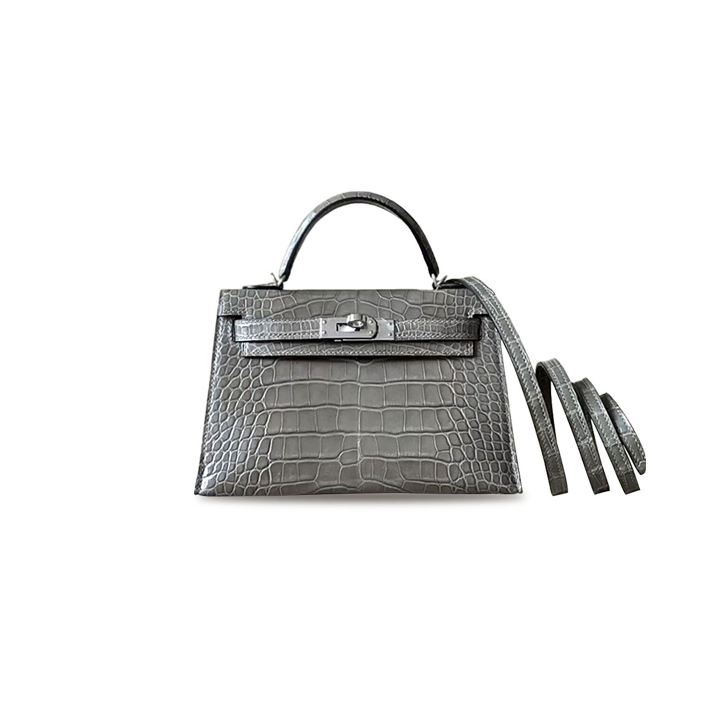 HERMÈS MASTER MINI KELLY II CRYSTAL GRAY CROCODILE LEATHER SILVER BUCKLE (19*12*5.5cm)